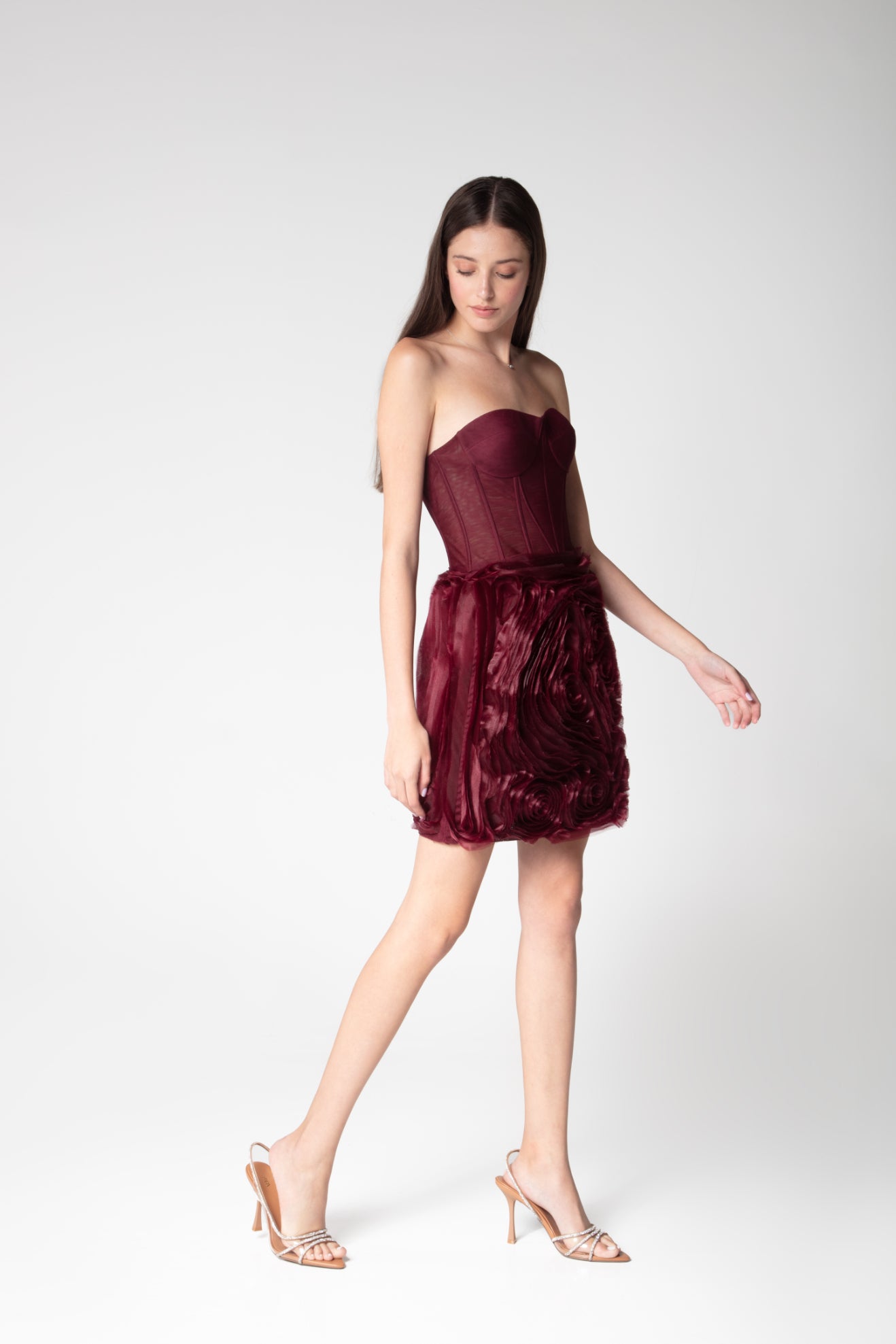 Maroon Off Shoulder Net Dress - Sevgilim