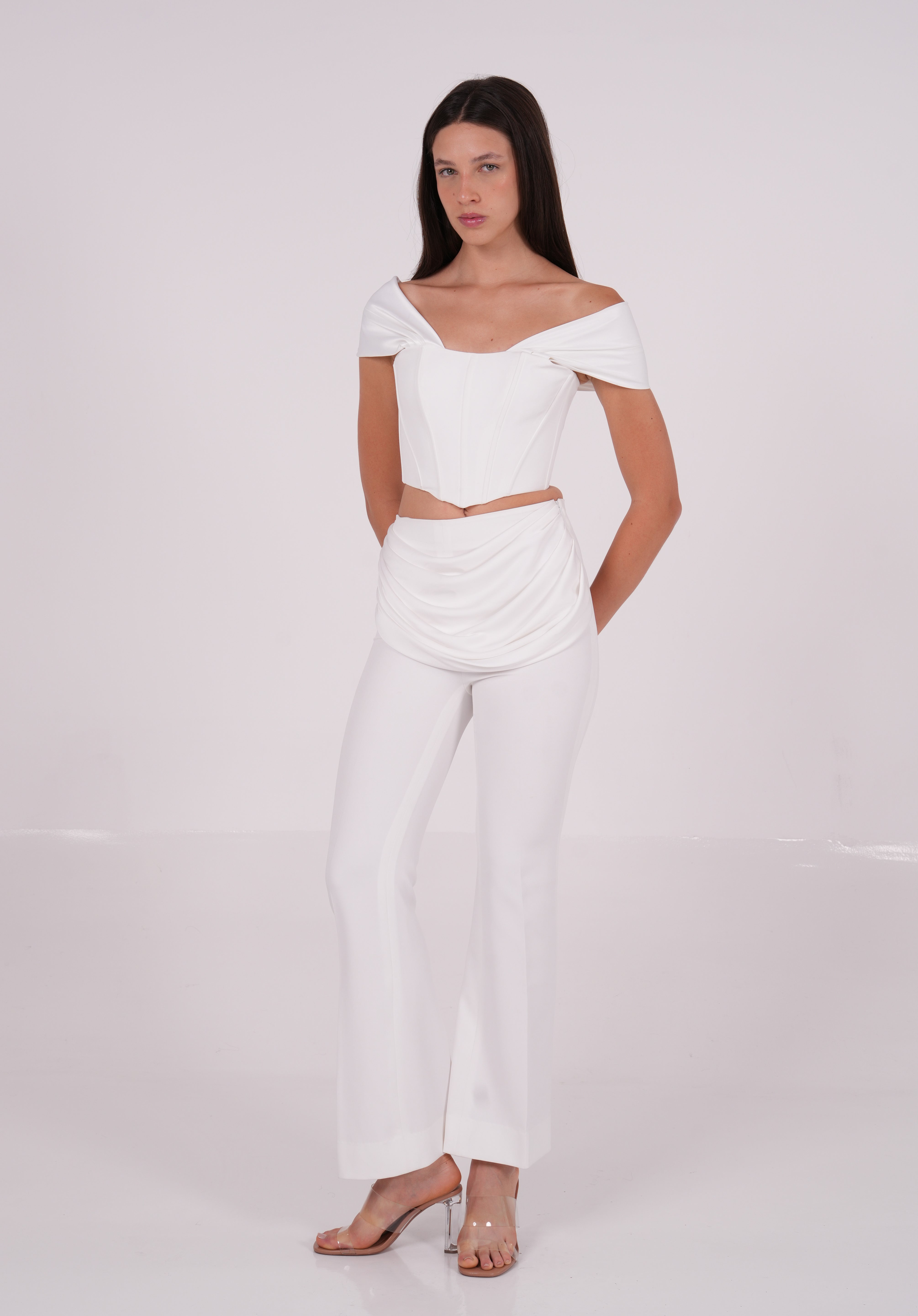 Draped White Off-Shoulder Corset - Sevgilim