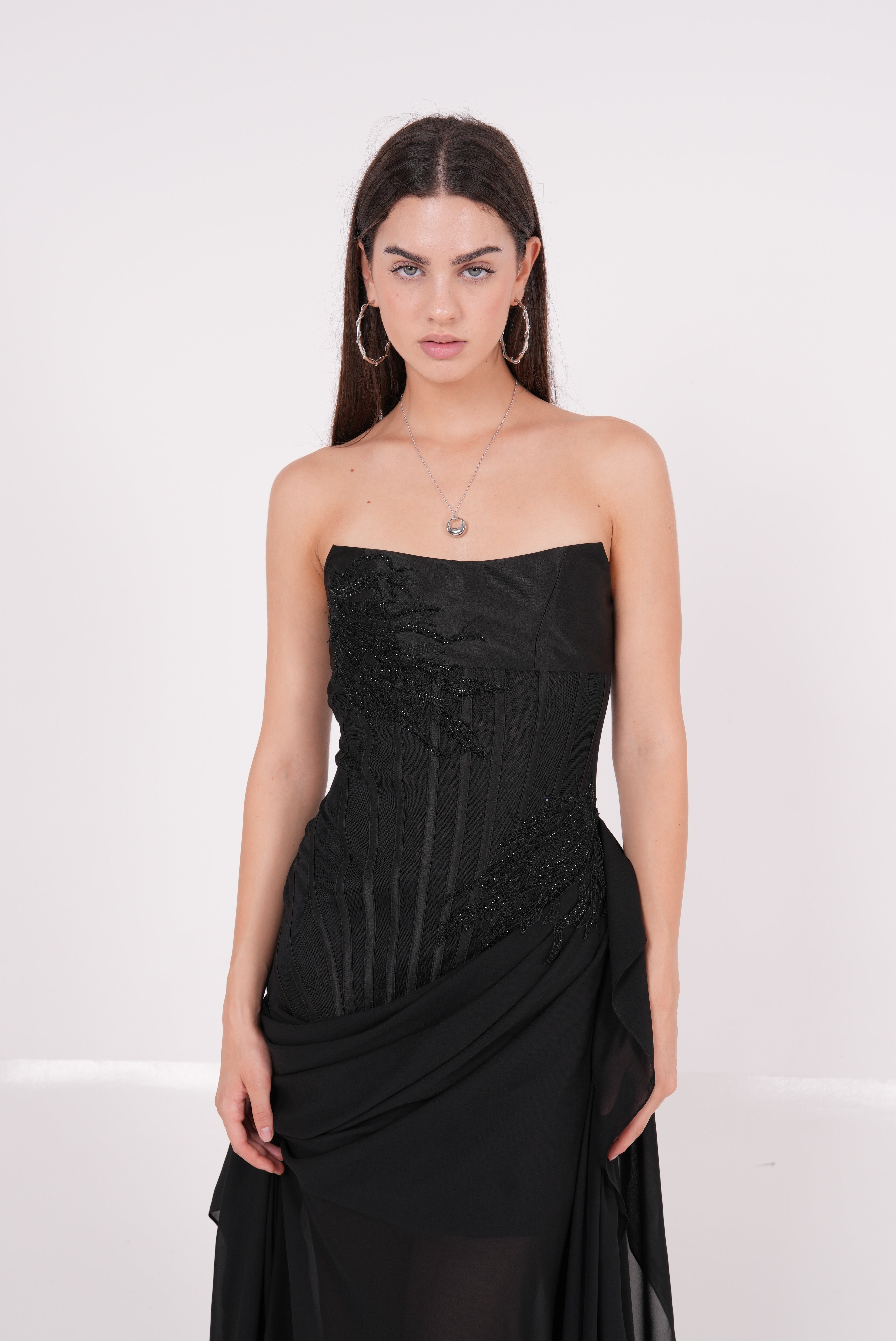 Long Black Draped Dress - Sevgilim