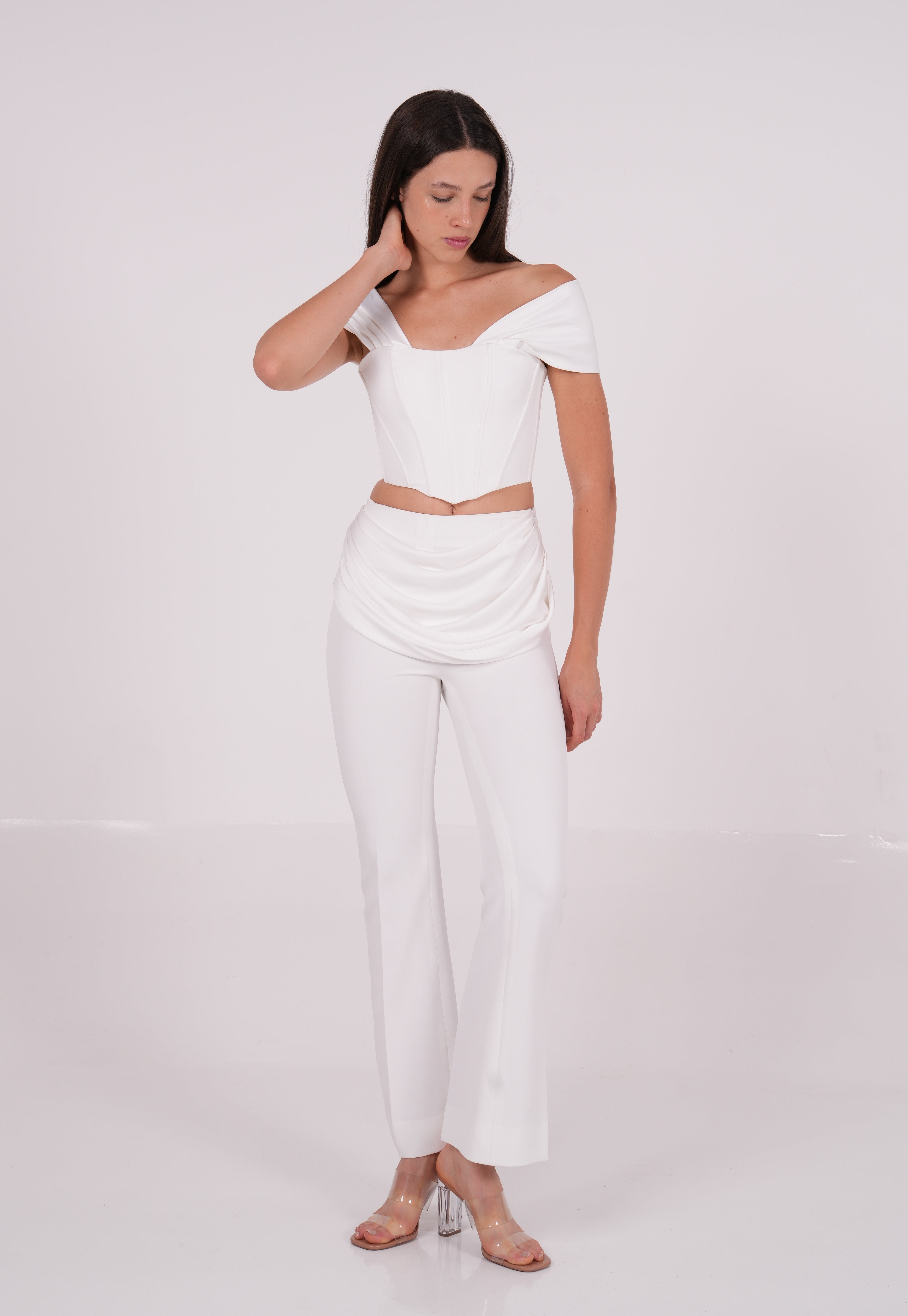 Draped White Off-Shoulder Corset - Sevgilim
