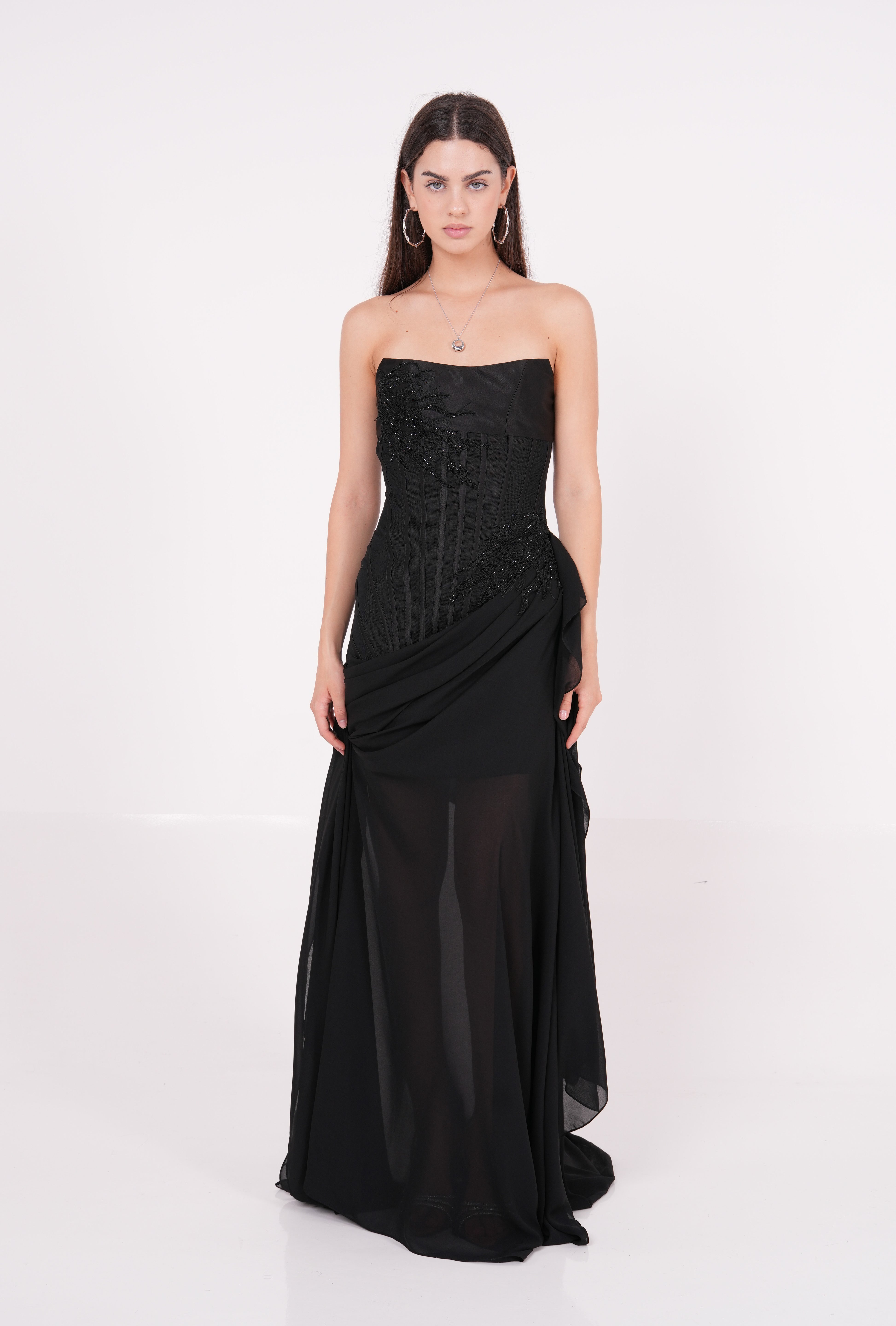 Long Black Draped Dress - Sevgilim