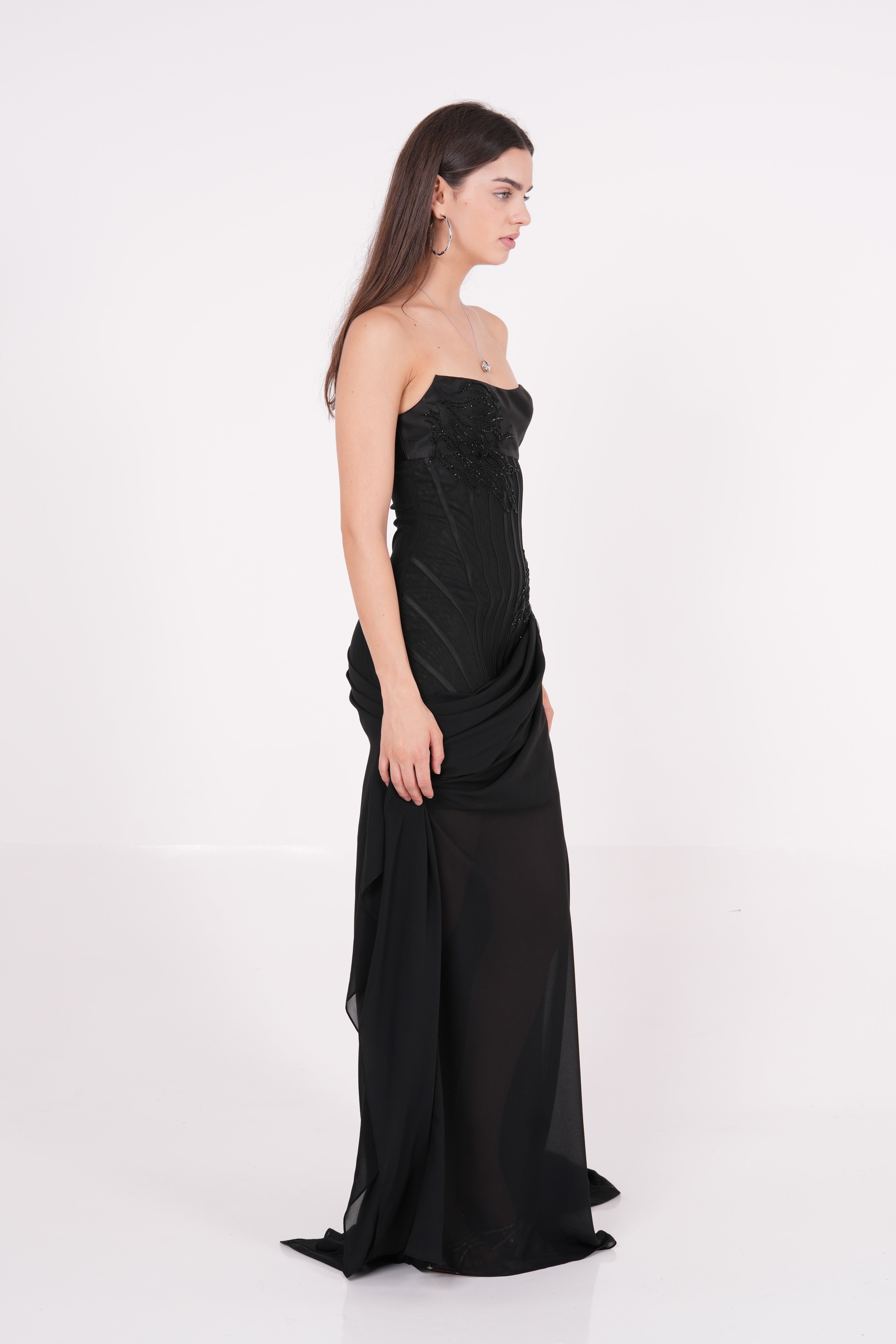 Long Black Draped Dress - Sevgilim