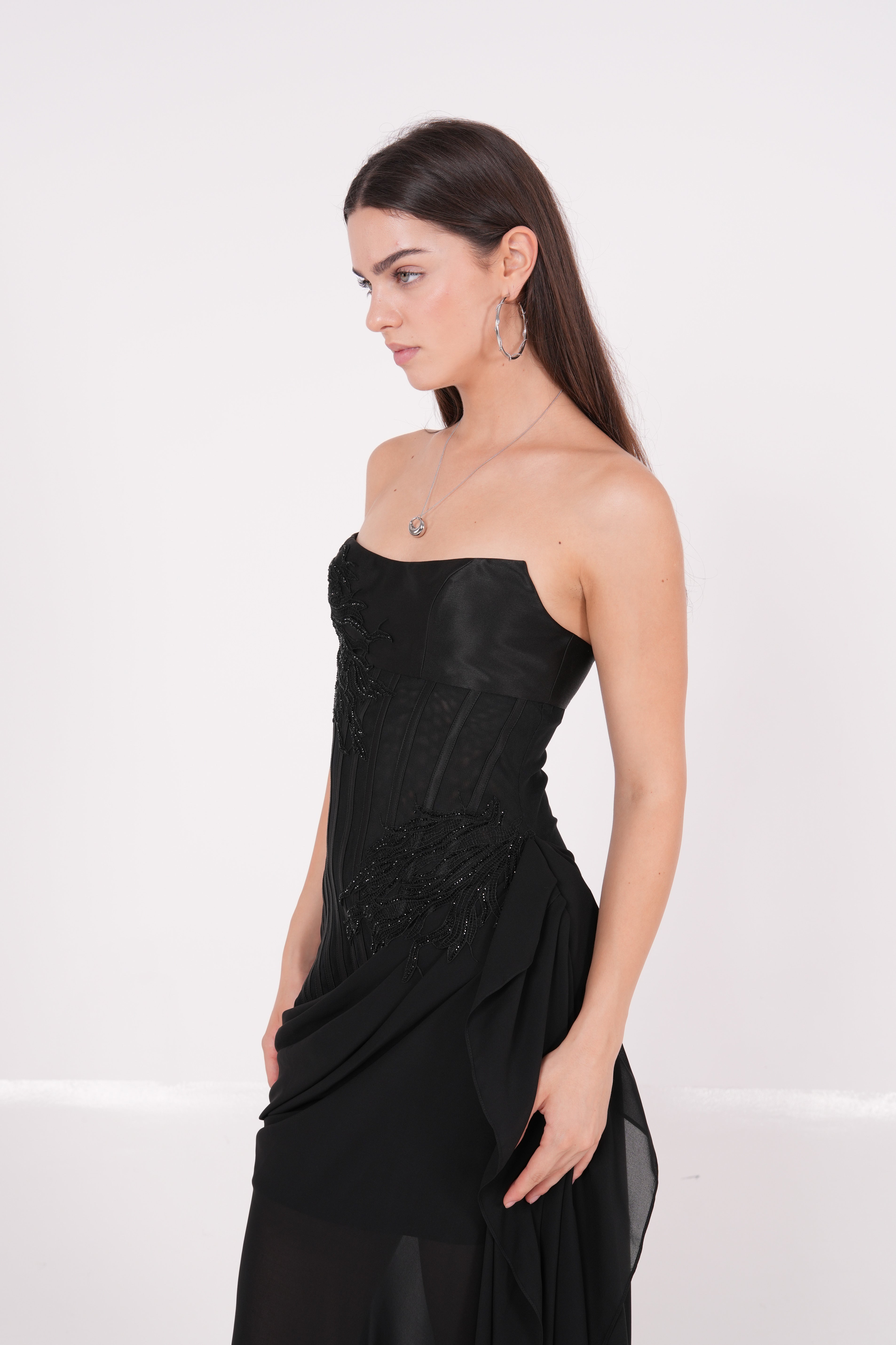 Long Black Draped Dress - Sevgilim