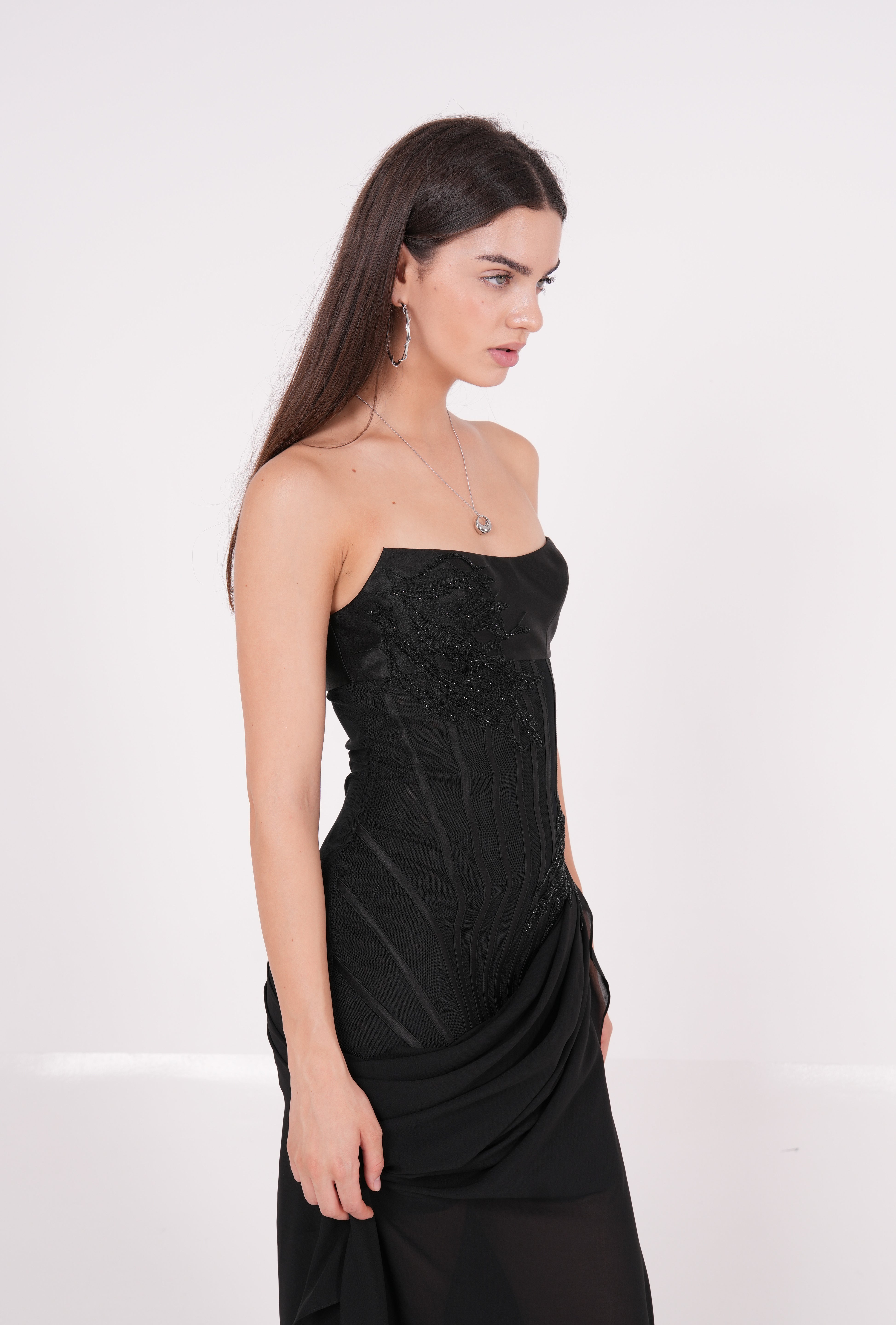 Long Black Draped Dress - Sevgilim