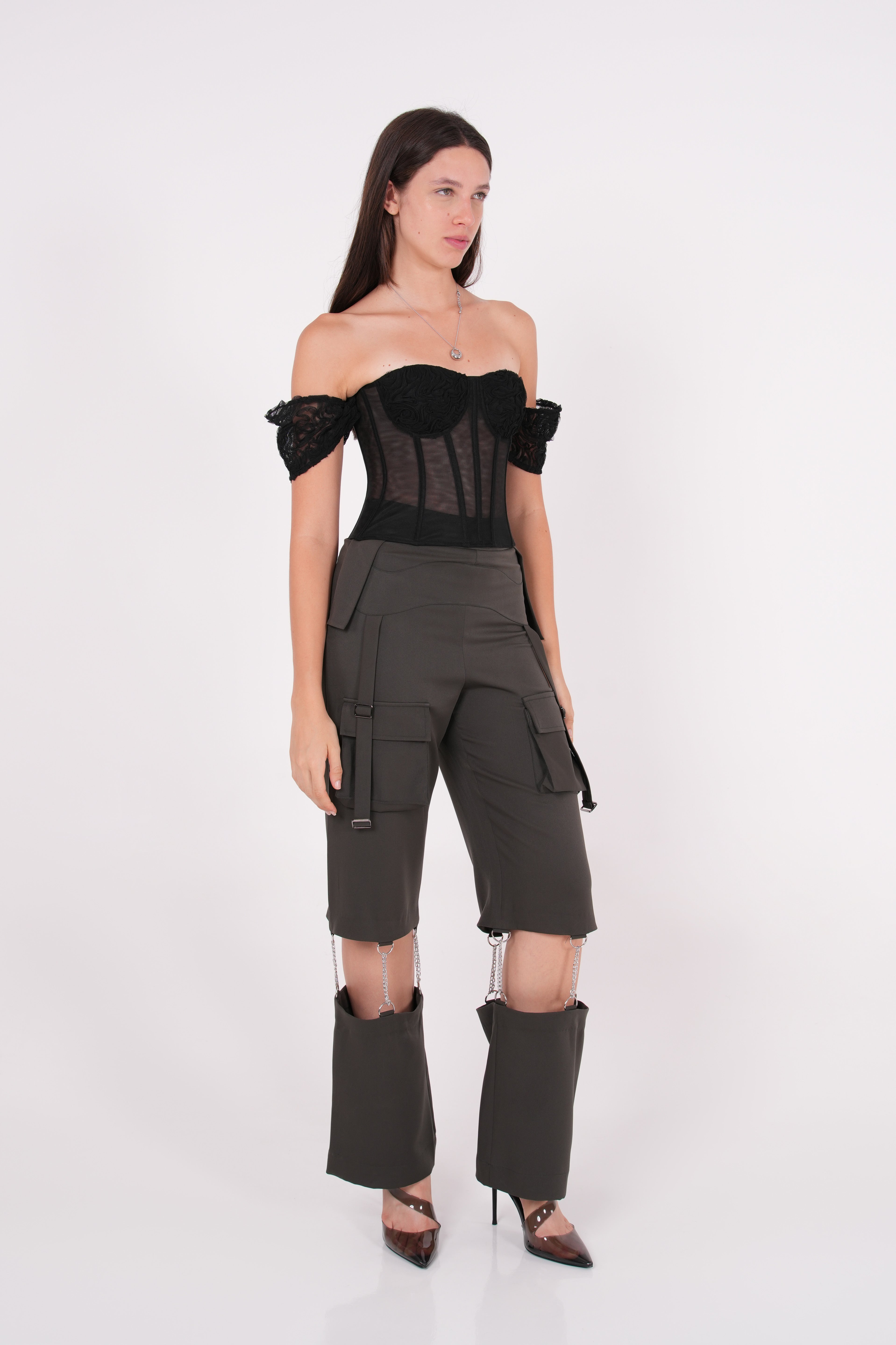 Off-Shoulder Black Mesh Corset - Sevgilim