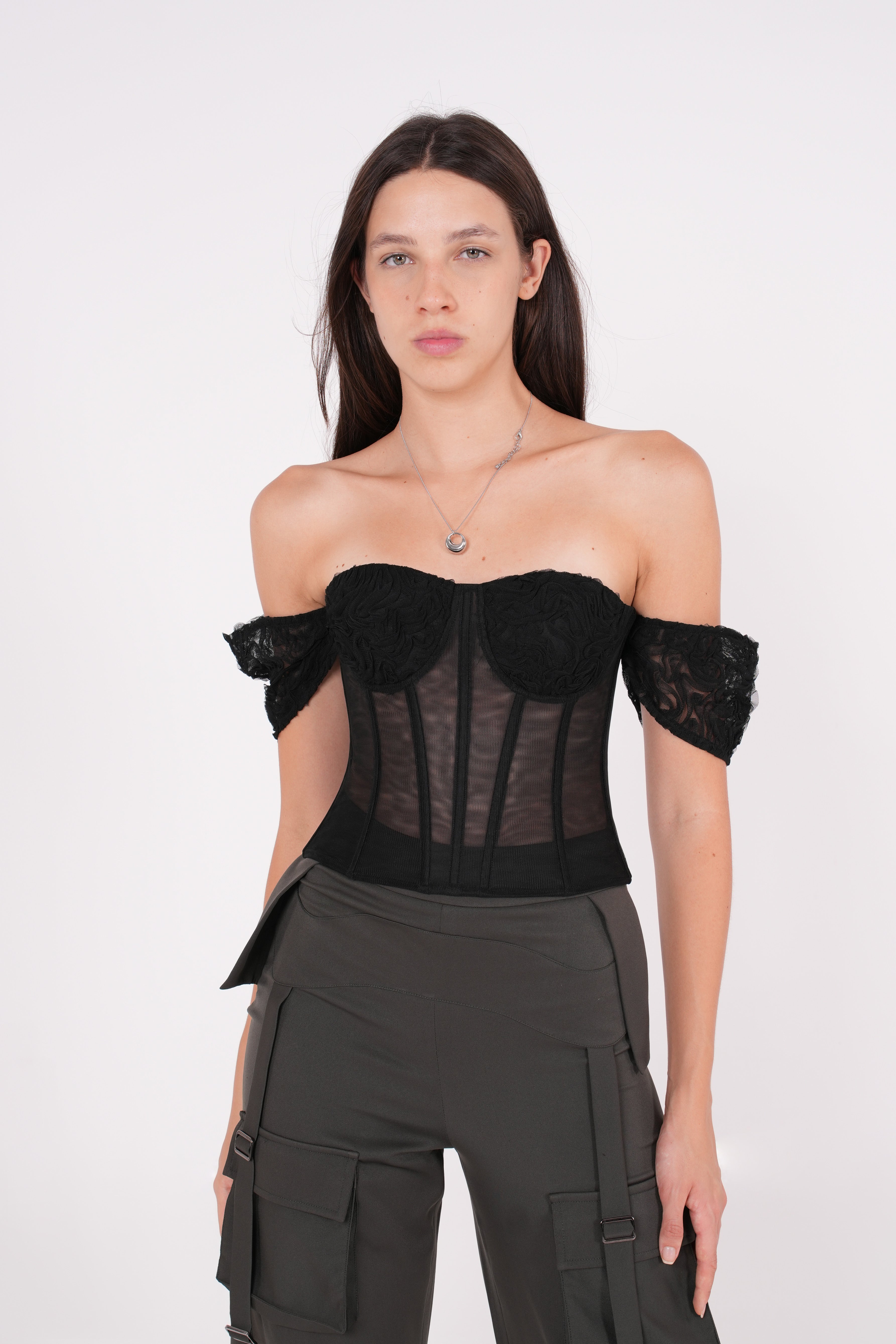 Off-Shoulder Black Mesh Corset - Sevgilim