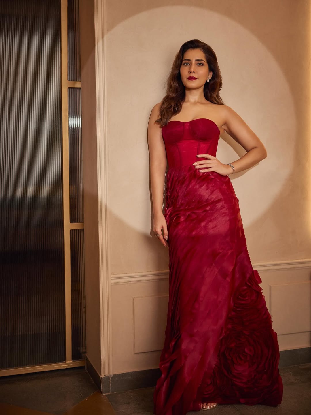Raashi Khanna in Crimson Dream Gown Full length image 