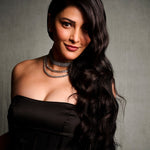 Long Black Draped Dress worn by Shruti Hassan close shot