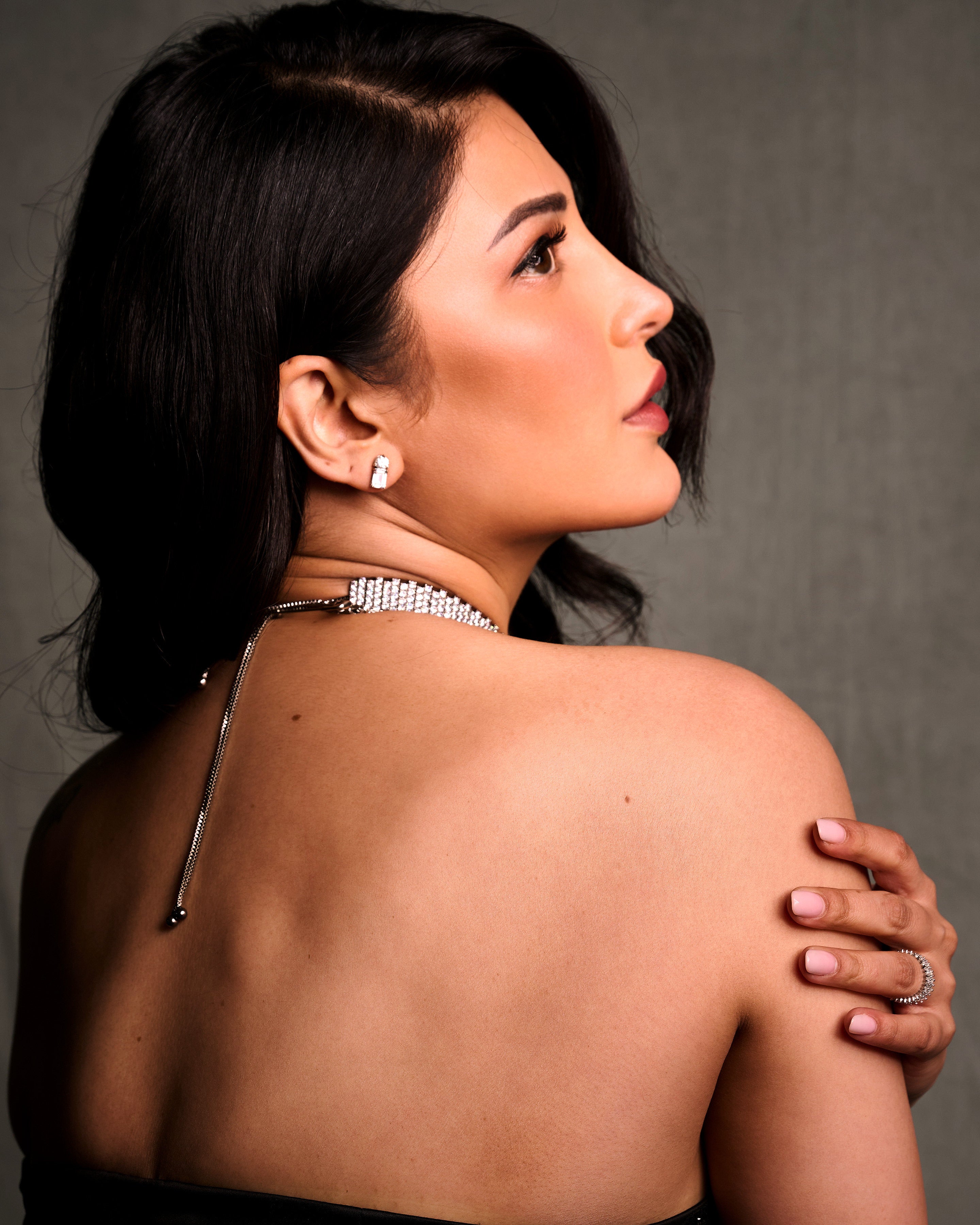 Backless Long Black Draped Dress worn by Shruti Hassan